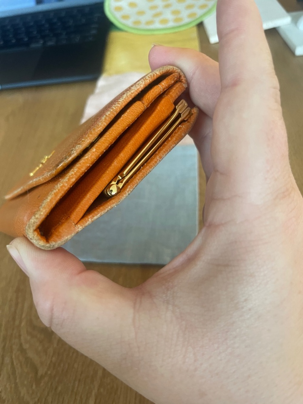 Prada Papaya Orange Pebbled Leather Continental Wallet Gold Log - Picture 7 of 14
